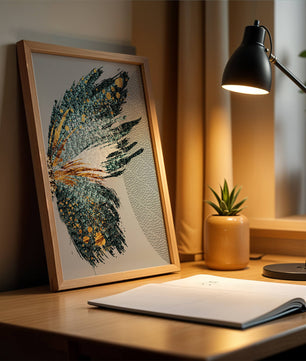 Ala de mariposa abstracta con detalles turquesa y dorados