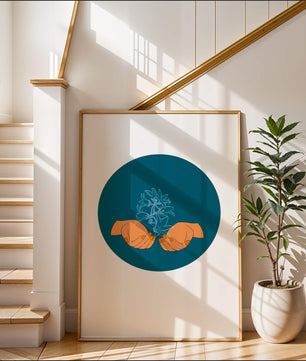 Illustration of Hands Holding a Plant with Teal Background