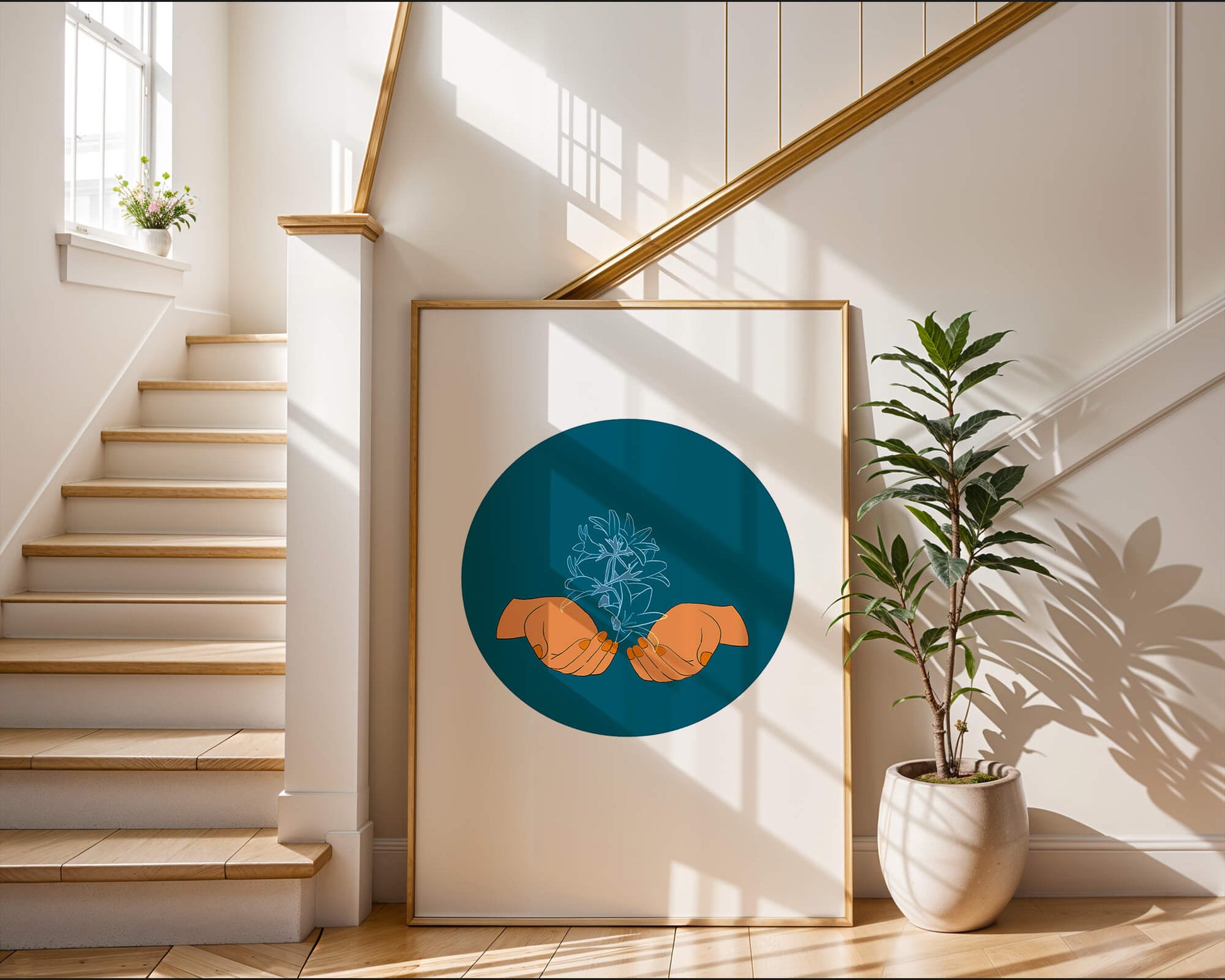 Illustration of Hands Holding a Plant with Teal Background