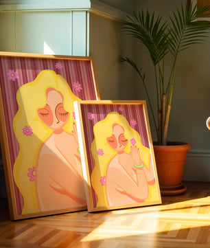 Ilustración abstracta de una mujer serena con el pelo largo y rubio y flores