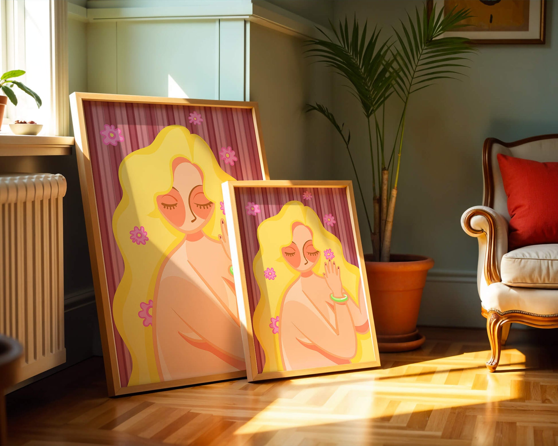 Ilustración abstracta de una mujer serena con el pelo largo y rubio y flores