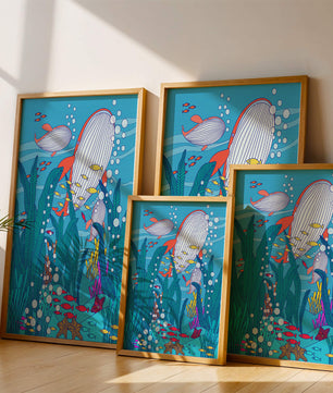Underwater world illustration with whales and fish amidst seaweed
