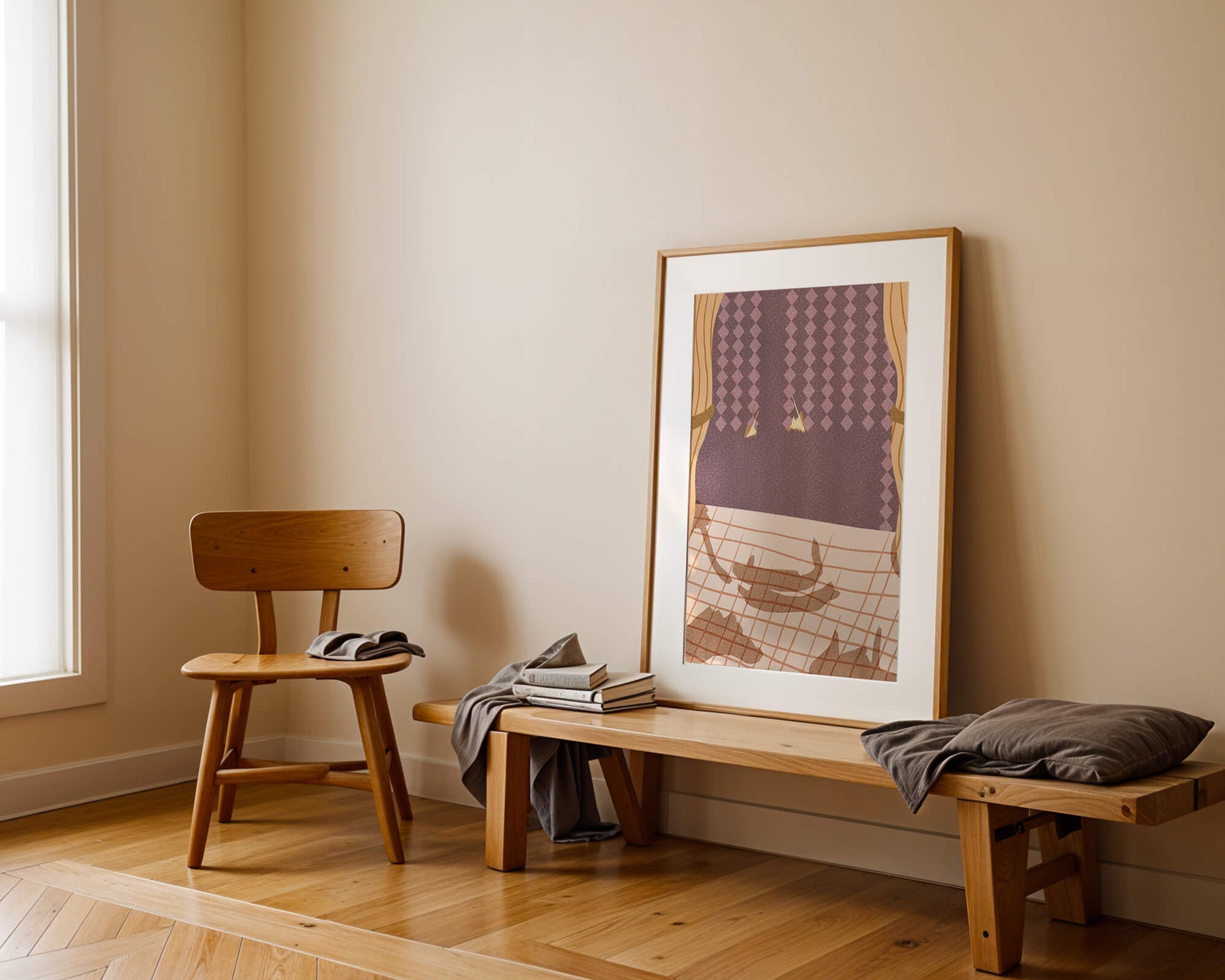 Abstract Interior with Cats' Shadows on Checkered Floor