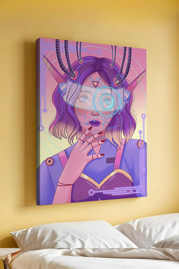 Futuristic digital art featuring a cybernetic woman with a holographic interface