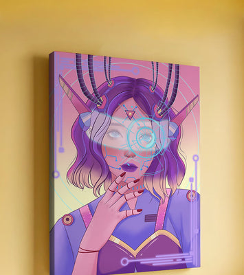 Futuristic digital art featuring a cybernetic woman with a holographic interface