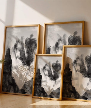 Paisaje monocromático con montañas y nubes abstractas