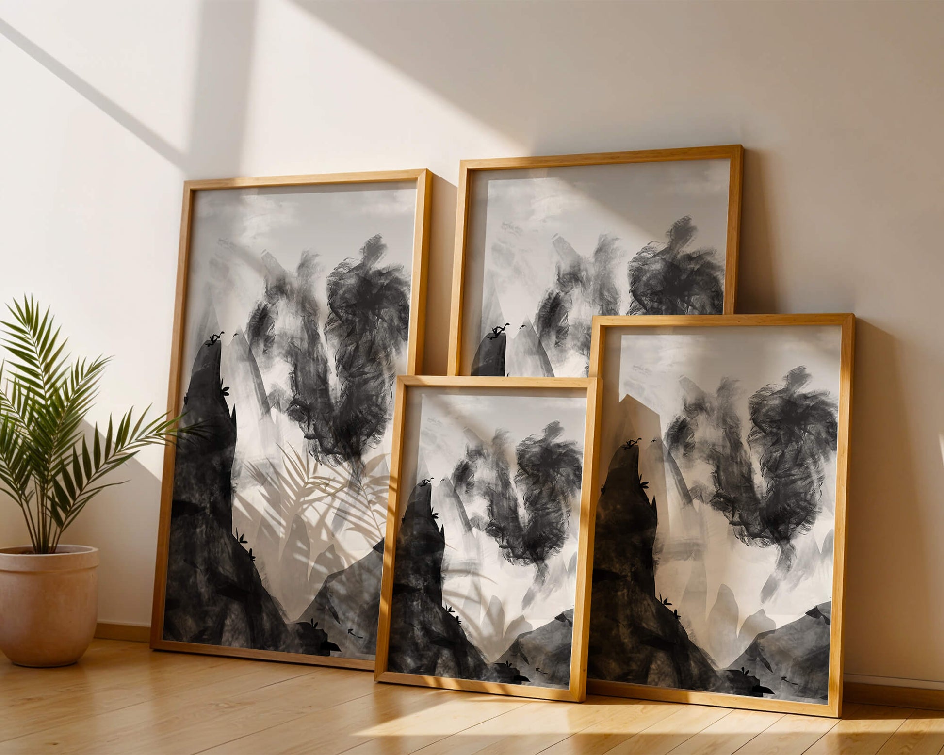Paisaje monocromático con montañas y nubes abstractas