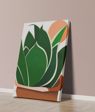 Ilustración contemporánea de una planta serpiente con fondo de amanecer