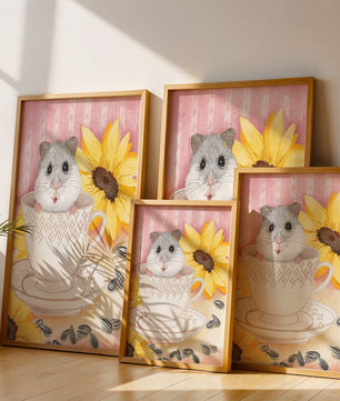 Hámster adorable en una taza de té con girasoles y semillas
