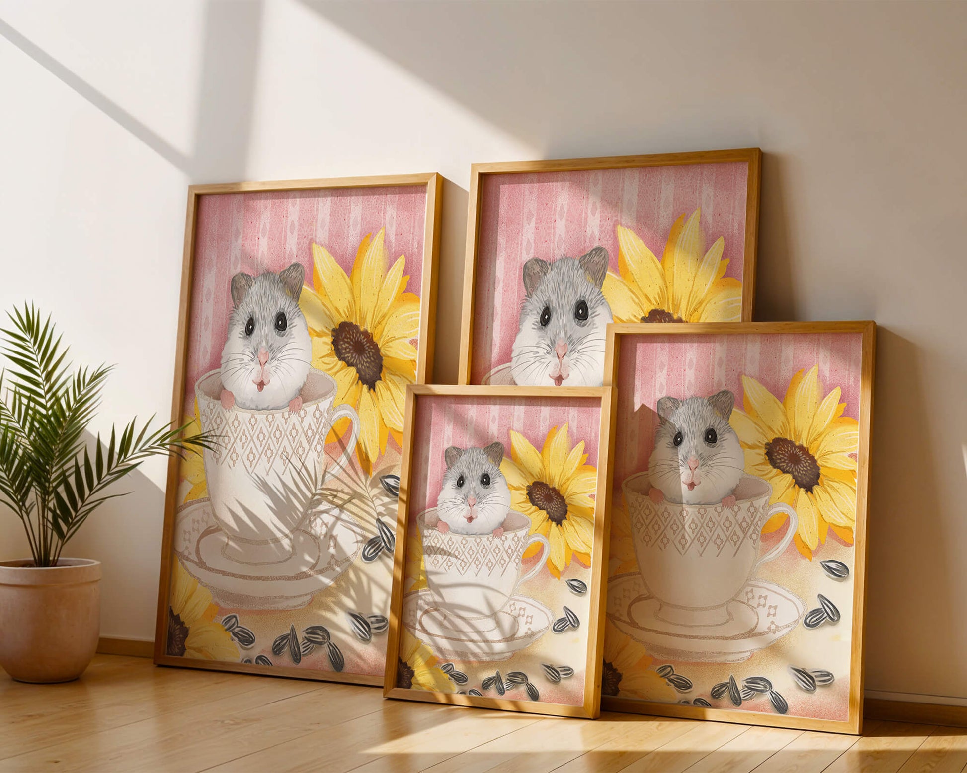 Adorable hamster in teacup with sunflowers and seeds