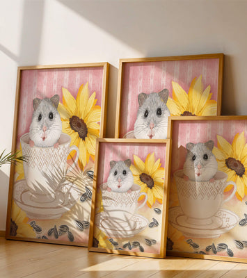 Adorable hamster in teacup with sunflowers and seeds