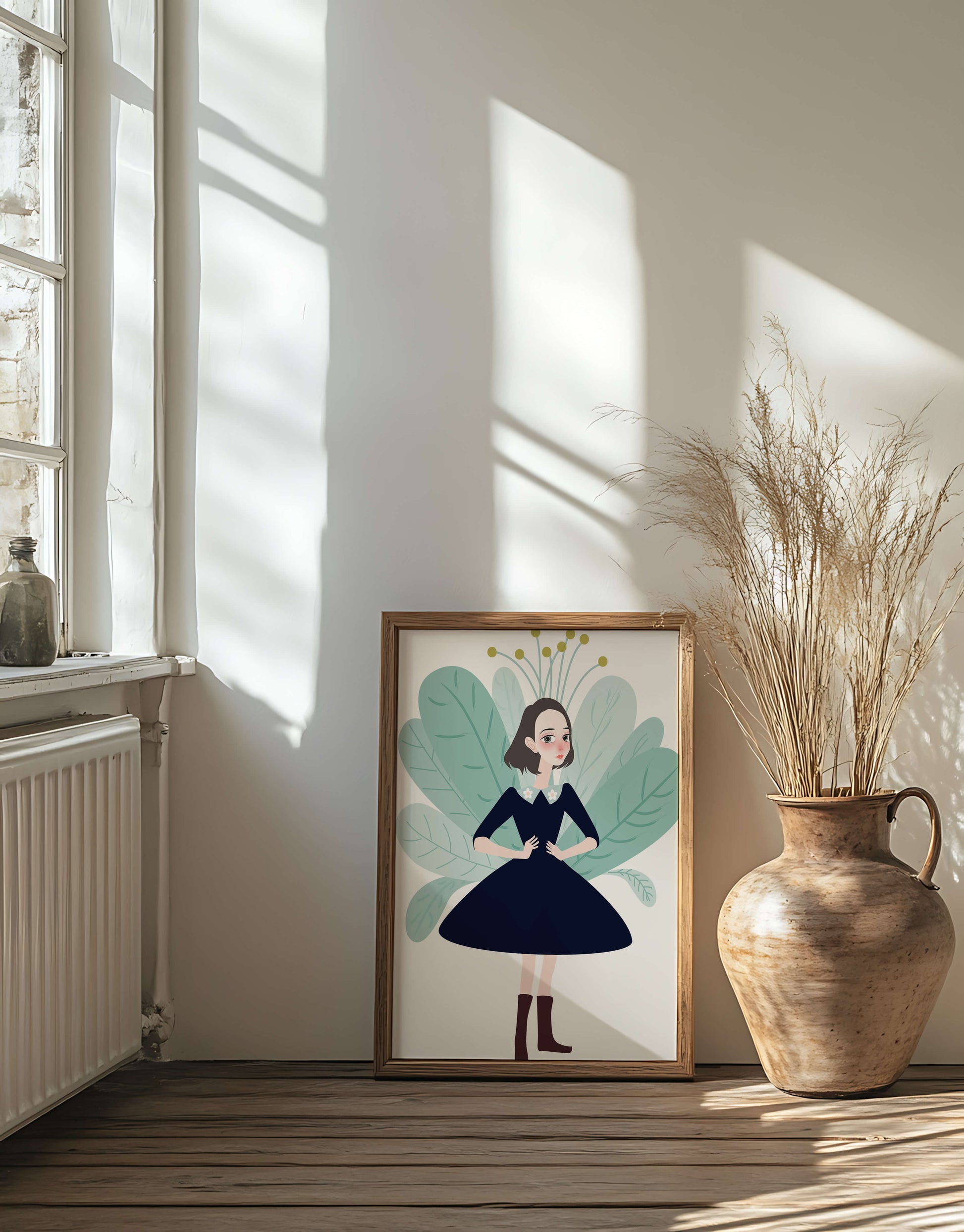 Illustration of a whimsical girl with leaves and floral elements