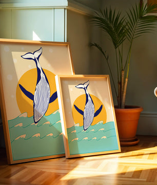 Ilustración de una ballena saltando sobre las olas con un fondo de sol