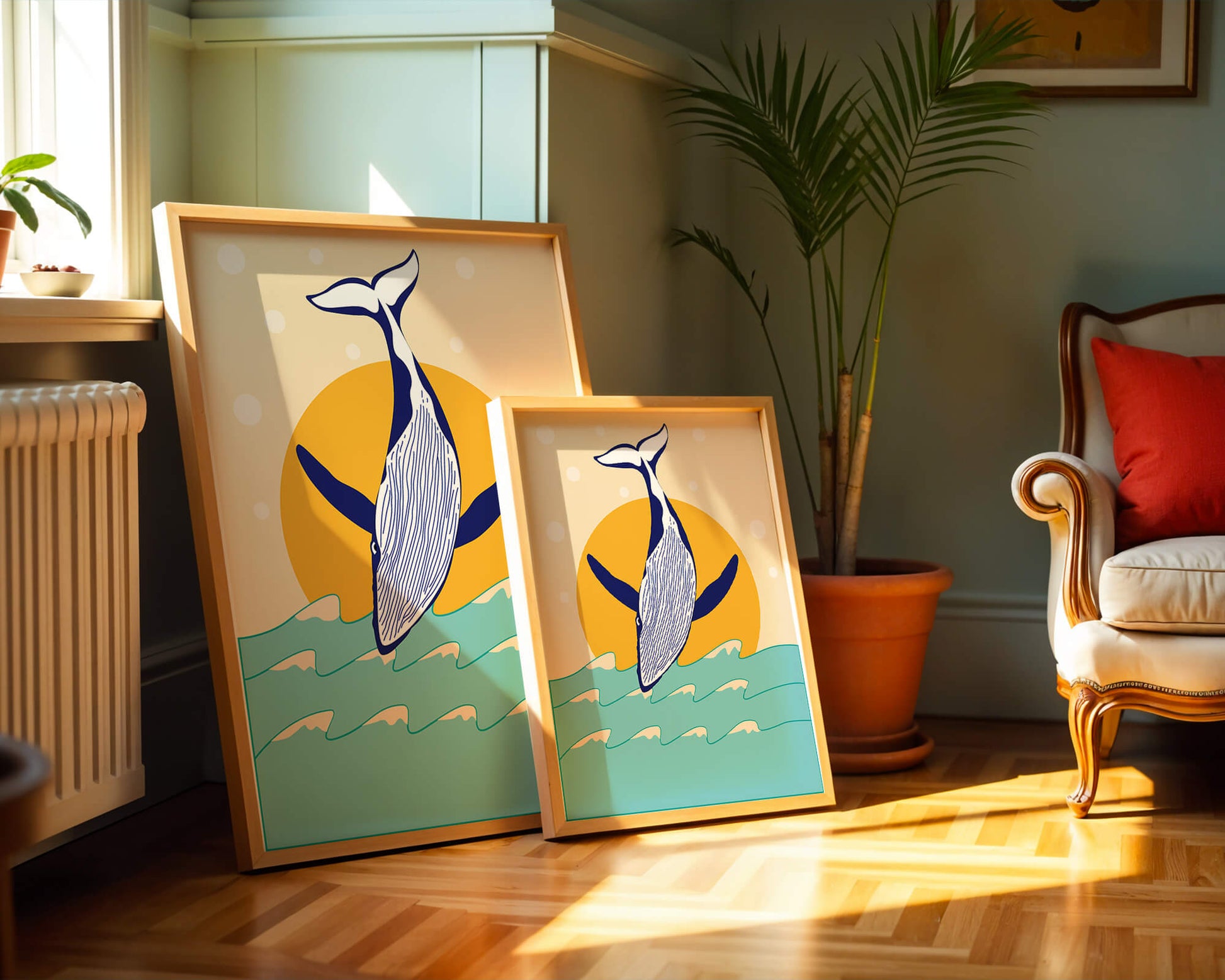 Illustration of a whale jumping over waves with sun backdrop