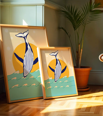 Illustration of a whale jumping over waves with sun backdrop