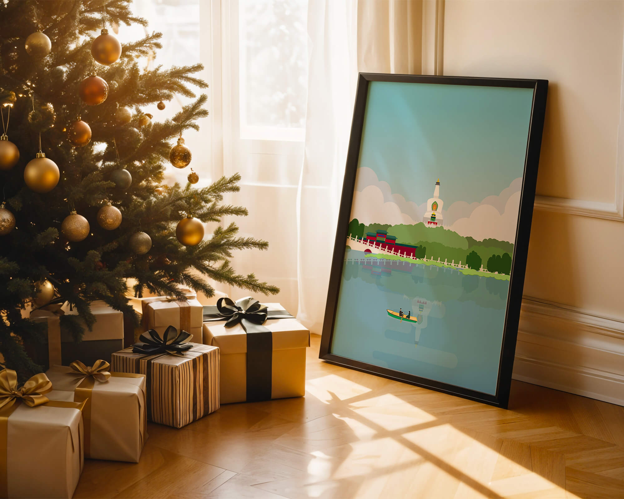 Serene lake scene with pagoda and rowing boat