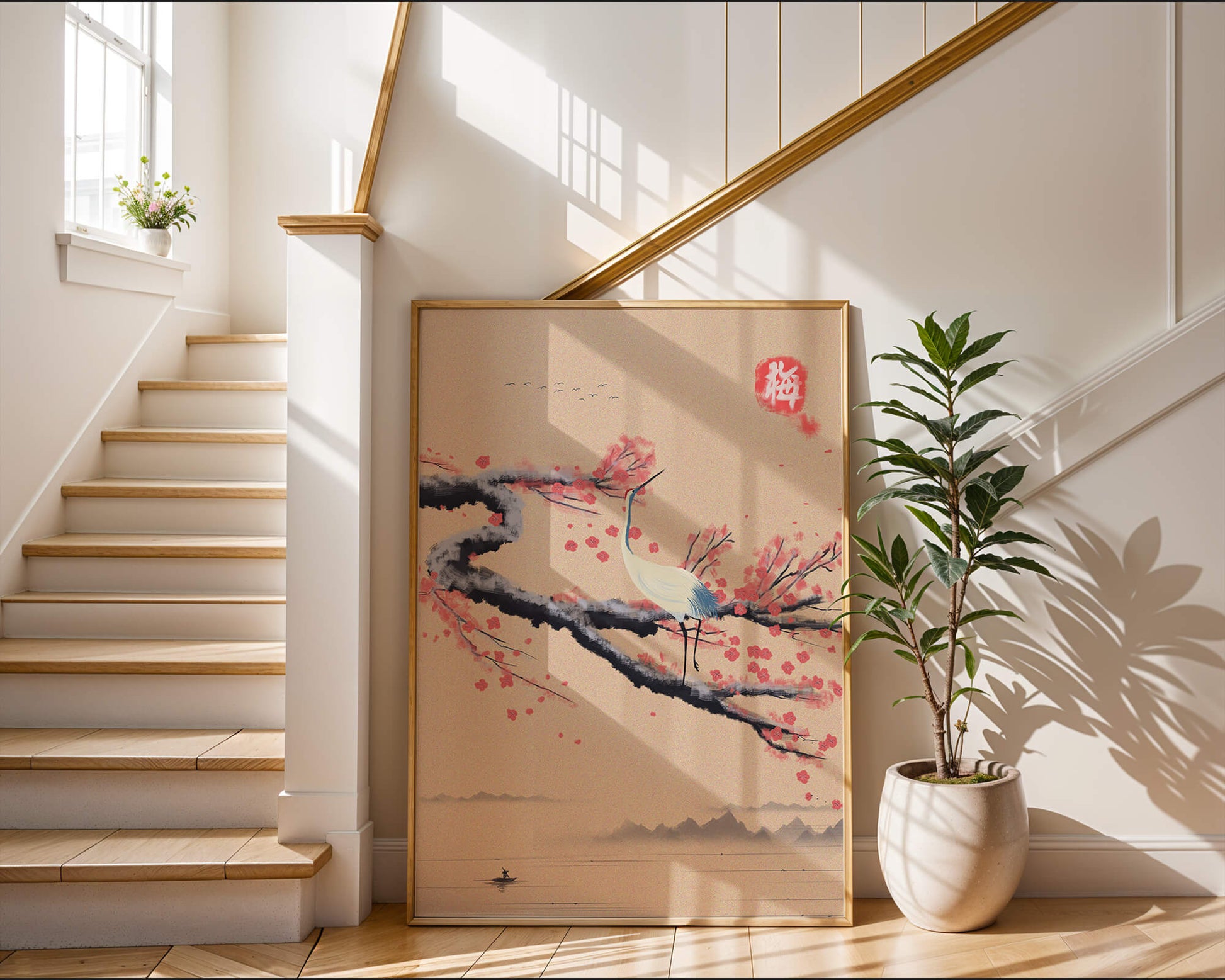 Elegant crane on cherry blossom branch with serene landscape
