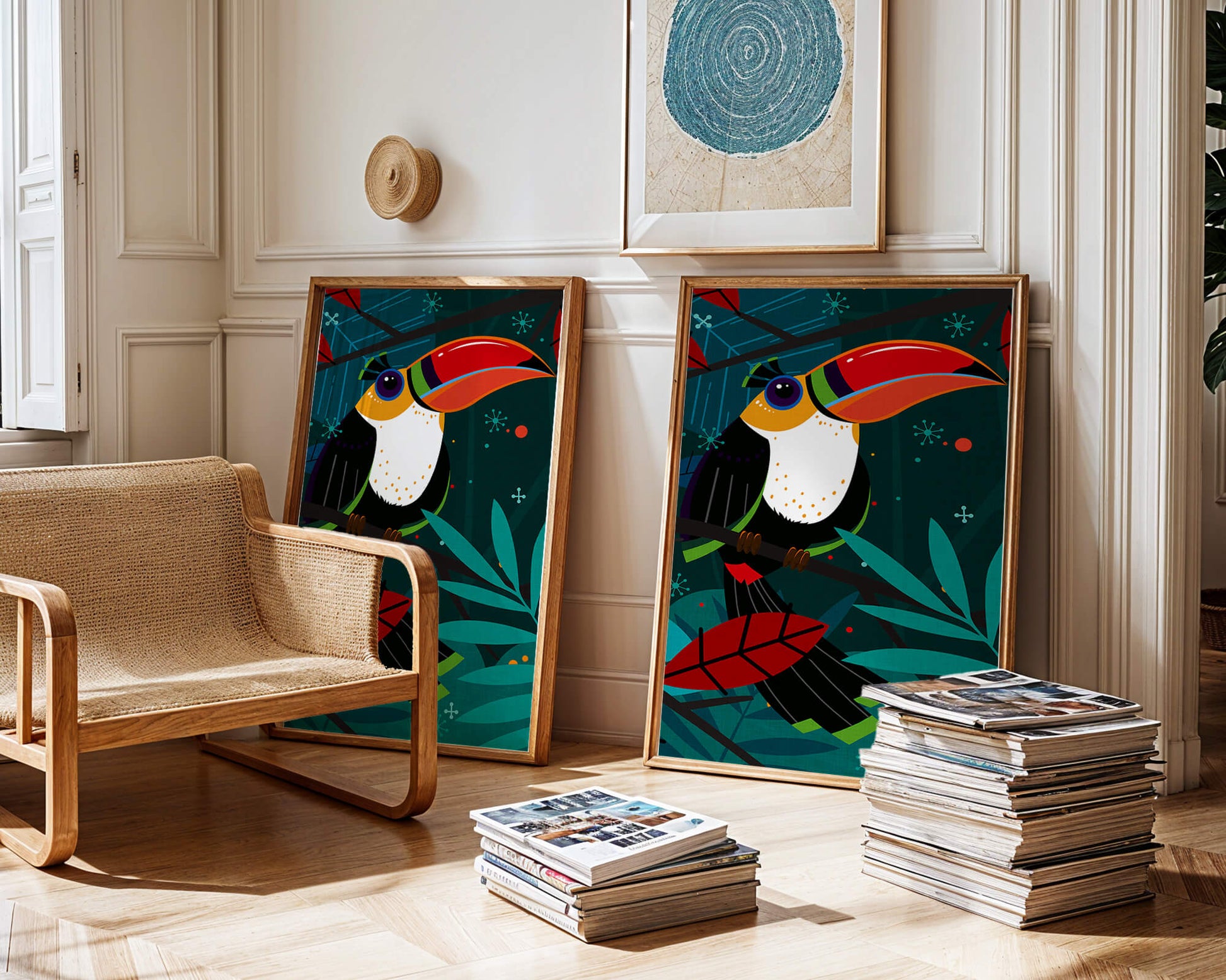 Toucan in Vibrant Jungle Setting with Abstract Elements