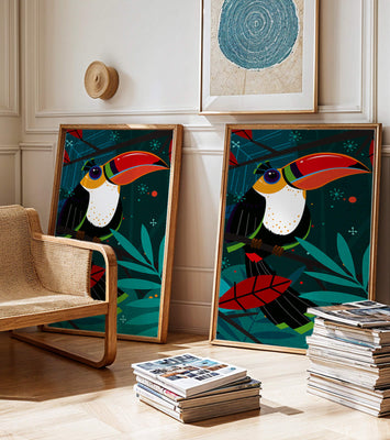 Toucan in Vibrant Jungle Setting with Abstract Elements
