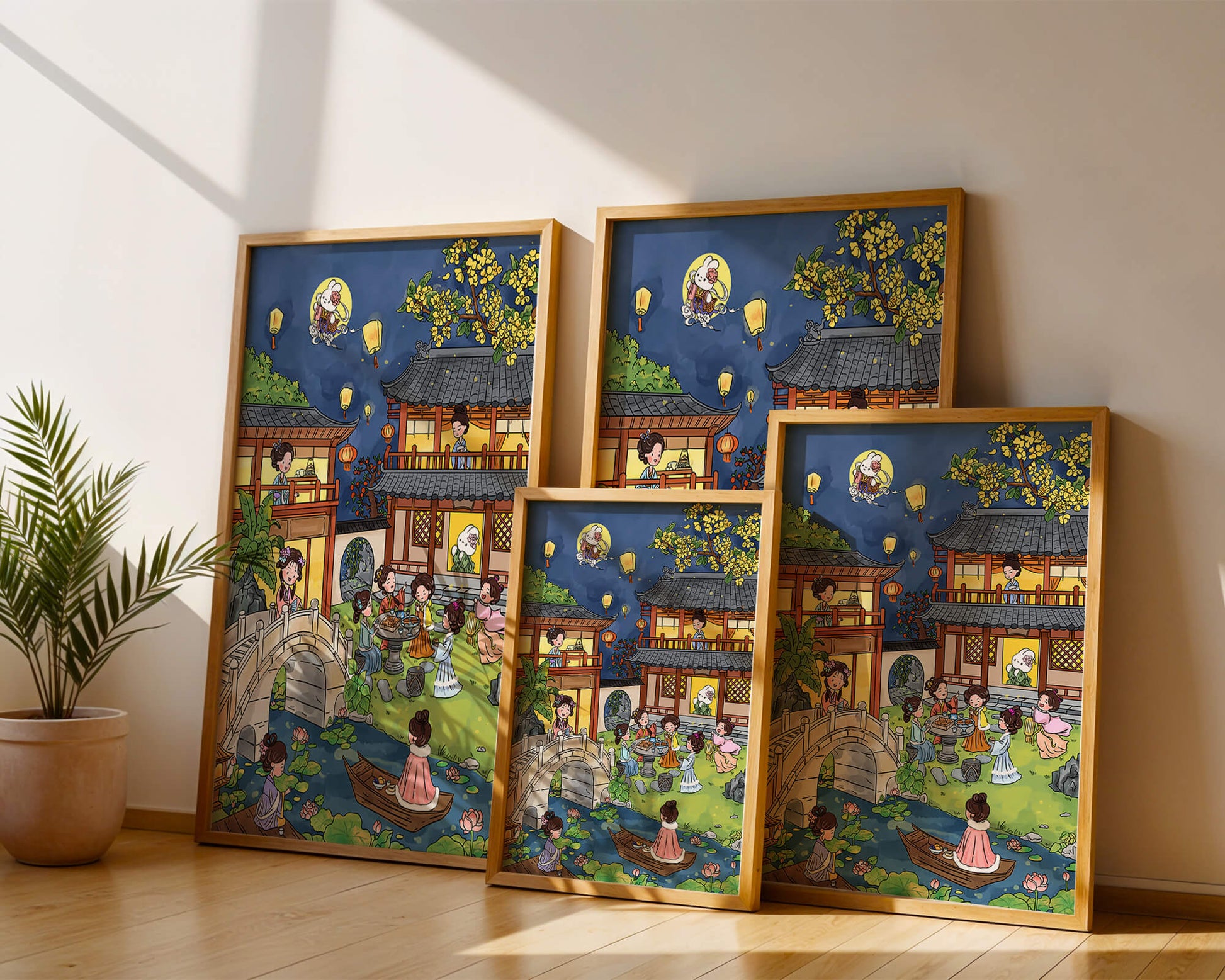 Escena de jardín chino tradicional con linternas y conejo lunar