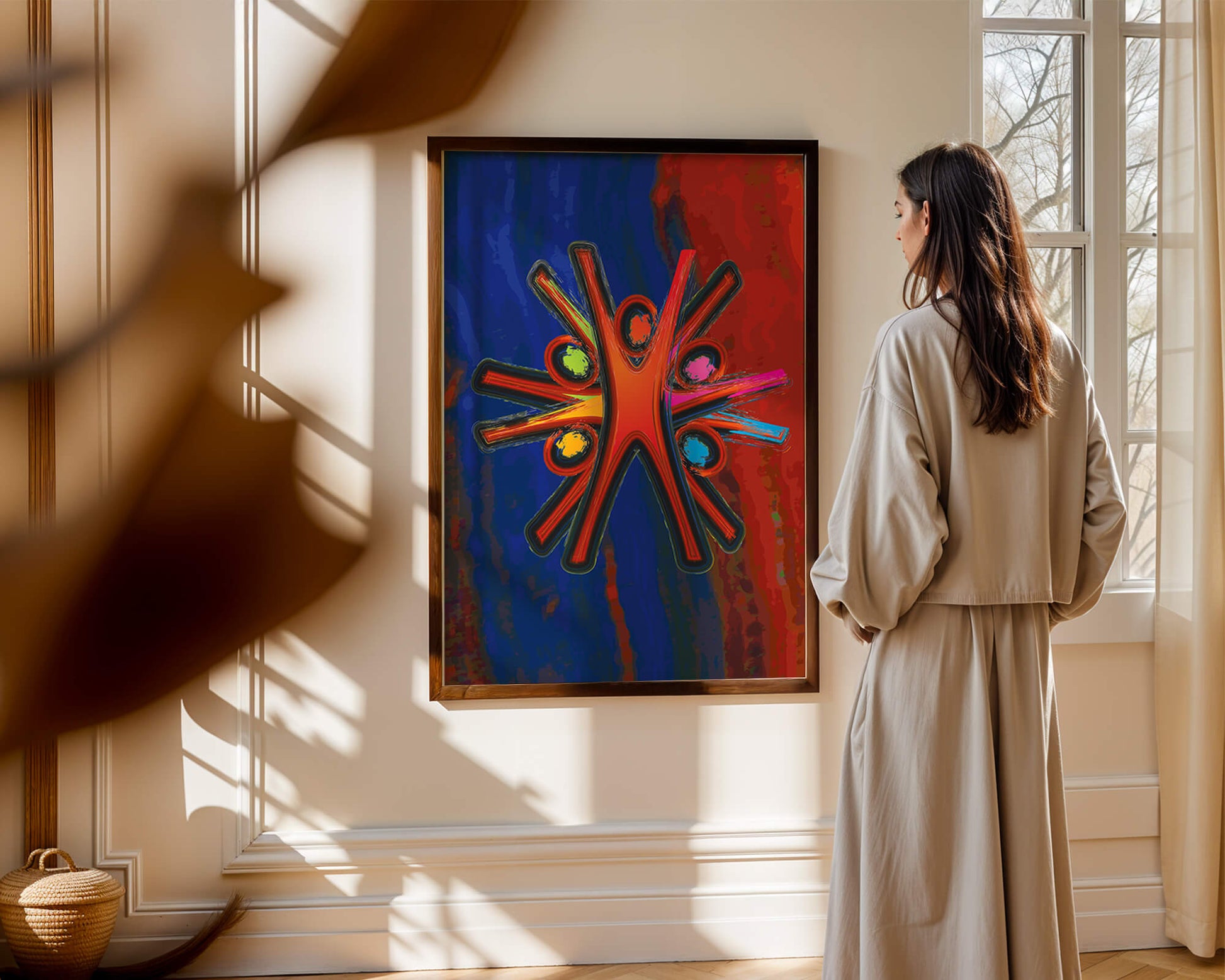 Abstract art with dynamic figures and vibrant colors