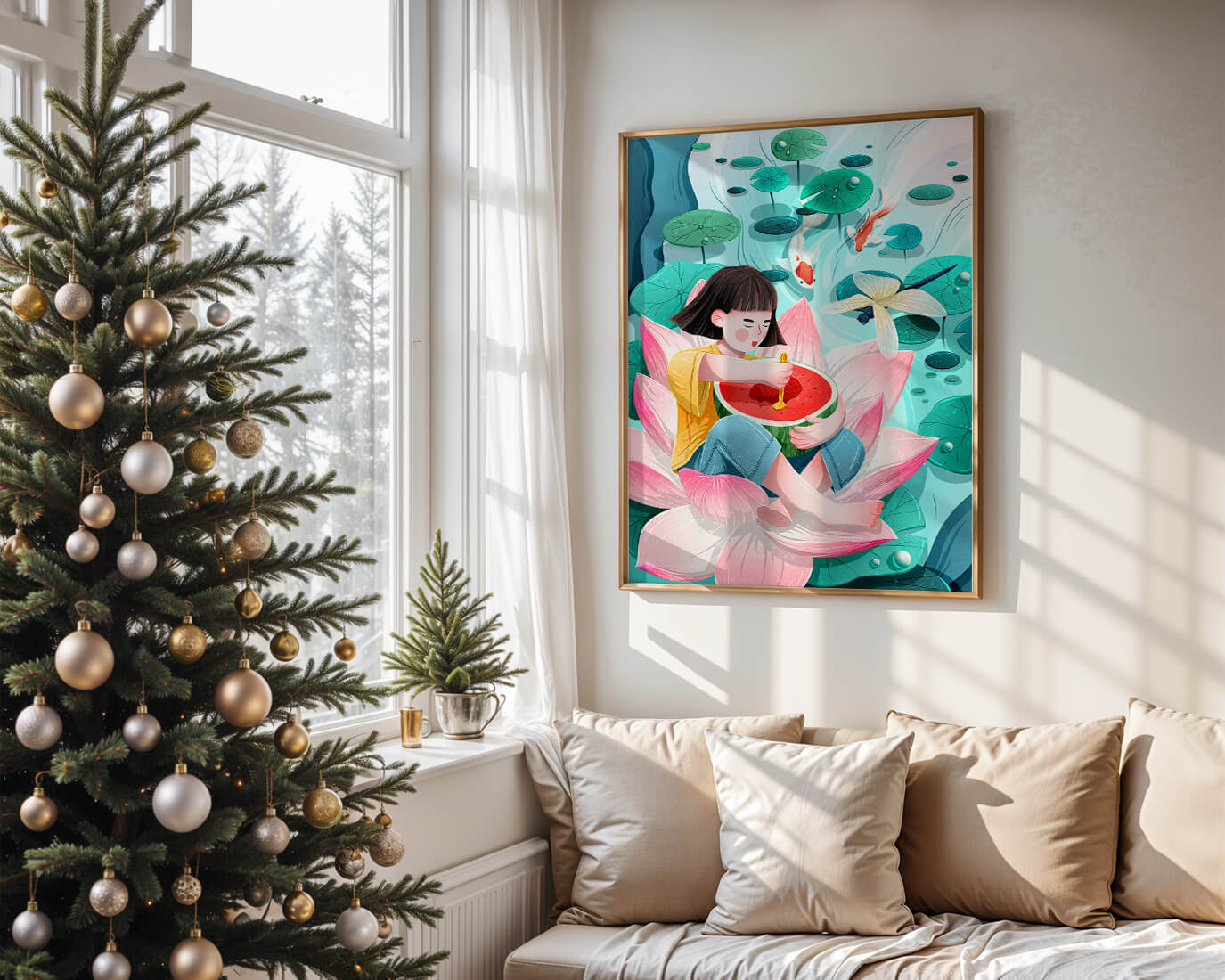 Serene illustration of child with watermelon on lotus flower