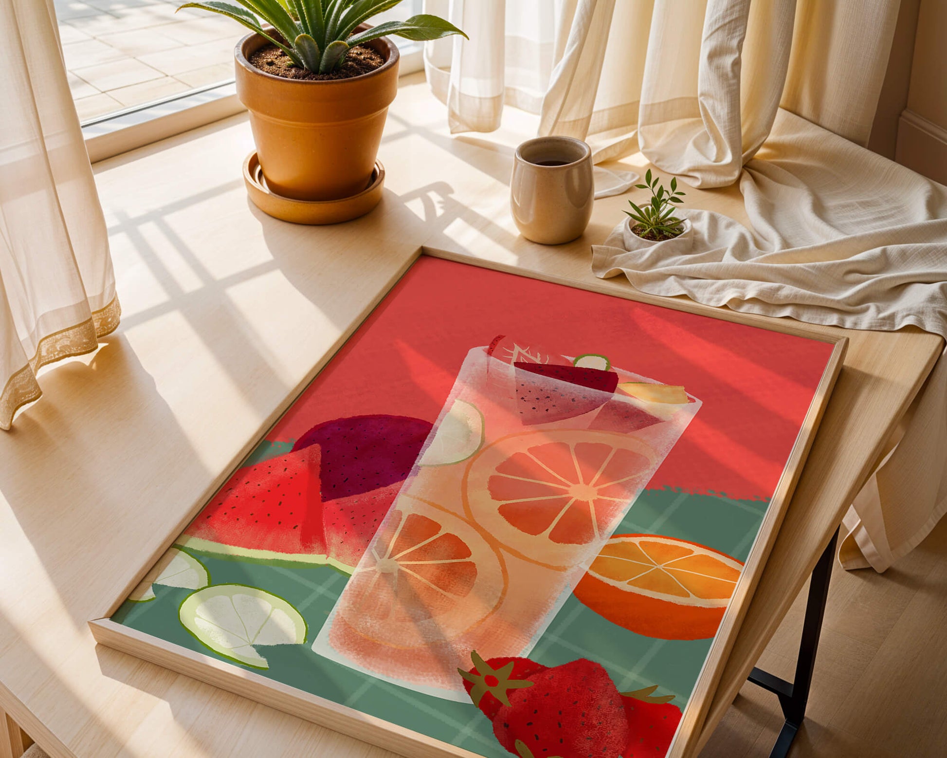 Ilustración de cóctel de frutas refrescante con cítricos y sandía.