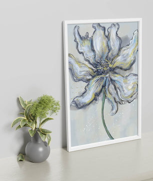 Elegant blue and green abstract floral artwork with flowing lines