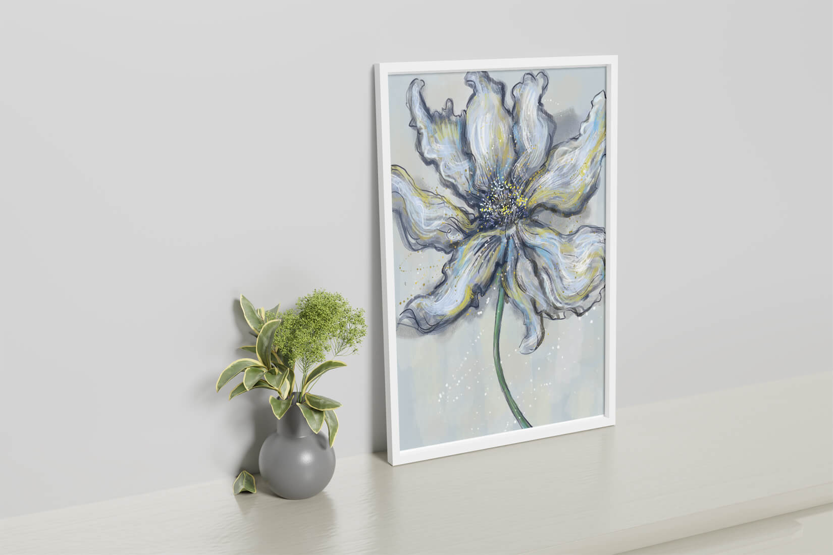 Elegant blue and green abstract floral artwork with flowing lines