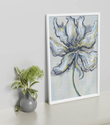 Elegant blue and green abstract floral artwork with flowing lines