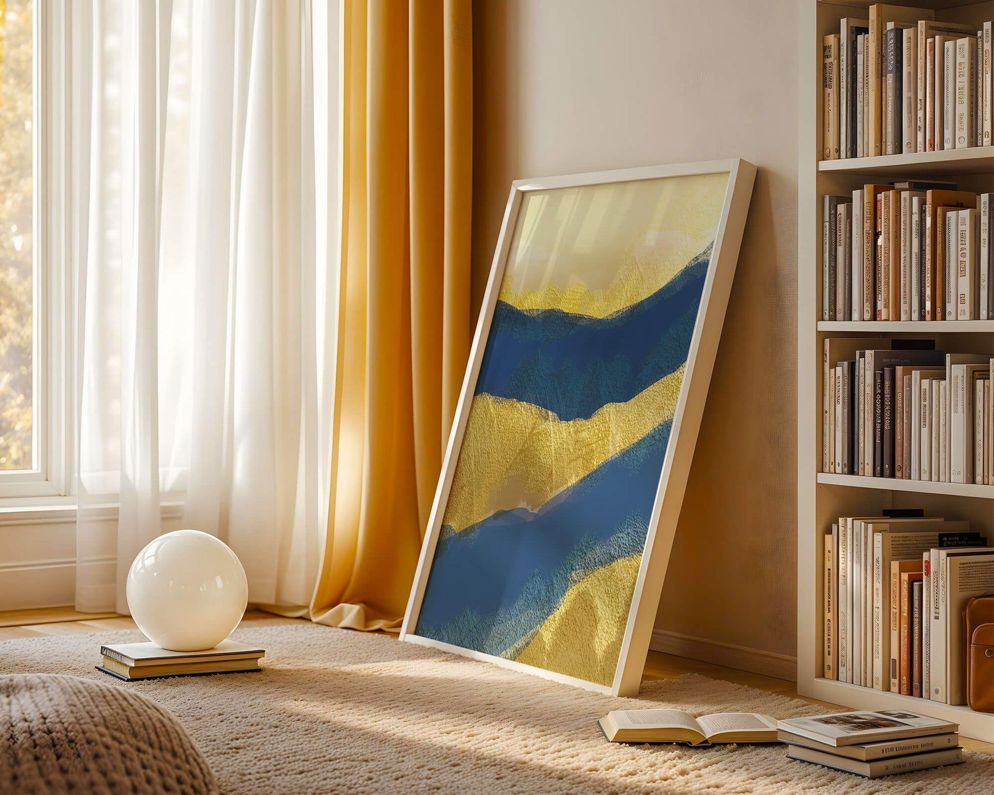 Abstract landscape with blue and yellow textured layers