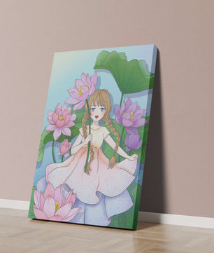 Illustration fantaisiste d'une jeune fille aux cheveux tressés parmi des fleurs de lotus