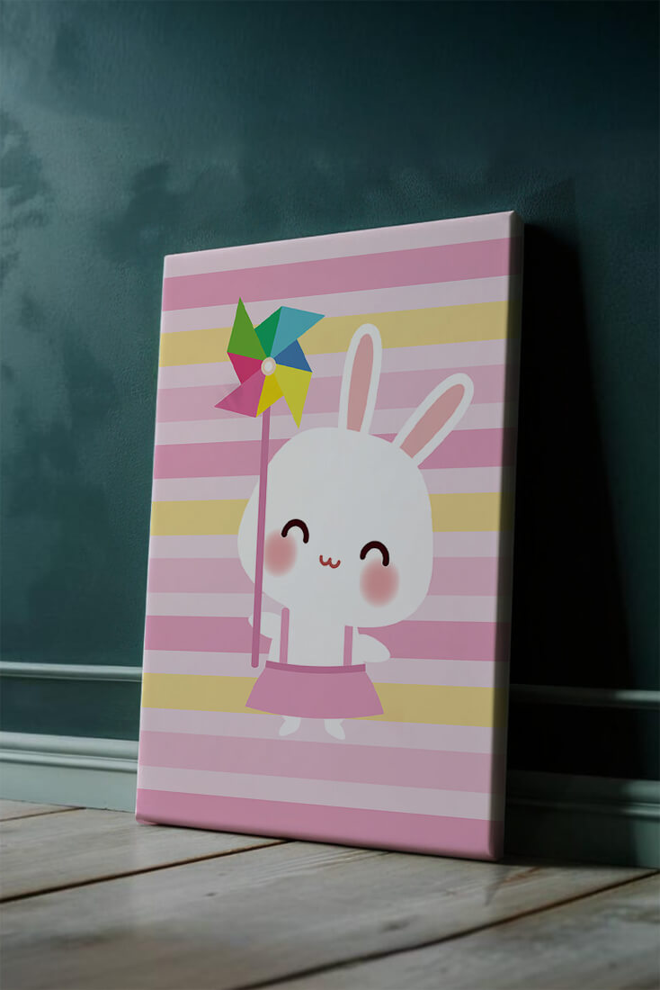 Adorable bunny with pinwheel on pastel striped backdrop
