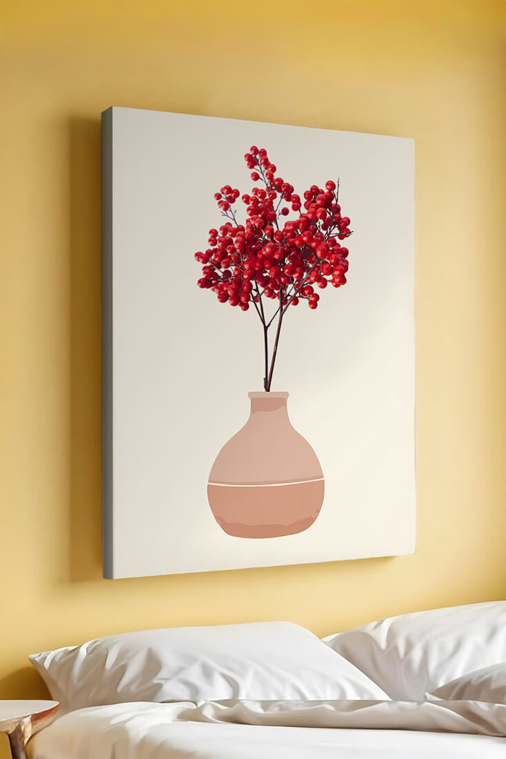 Red berries in minimalist clay vase on neutral background