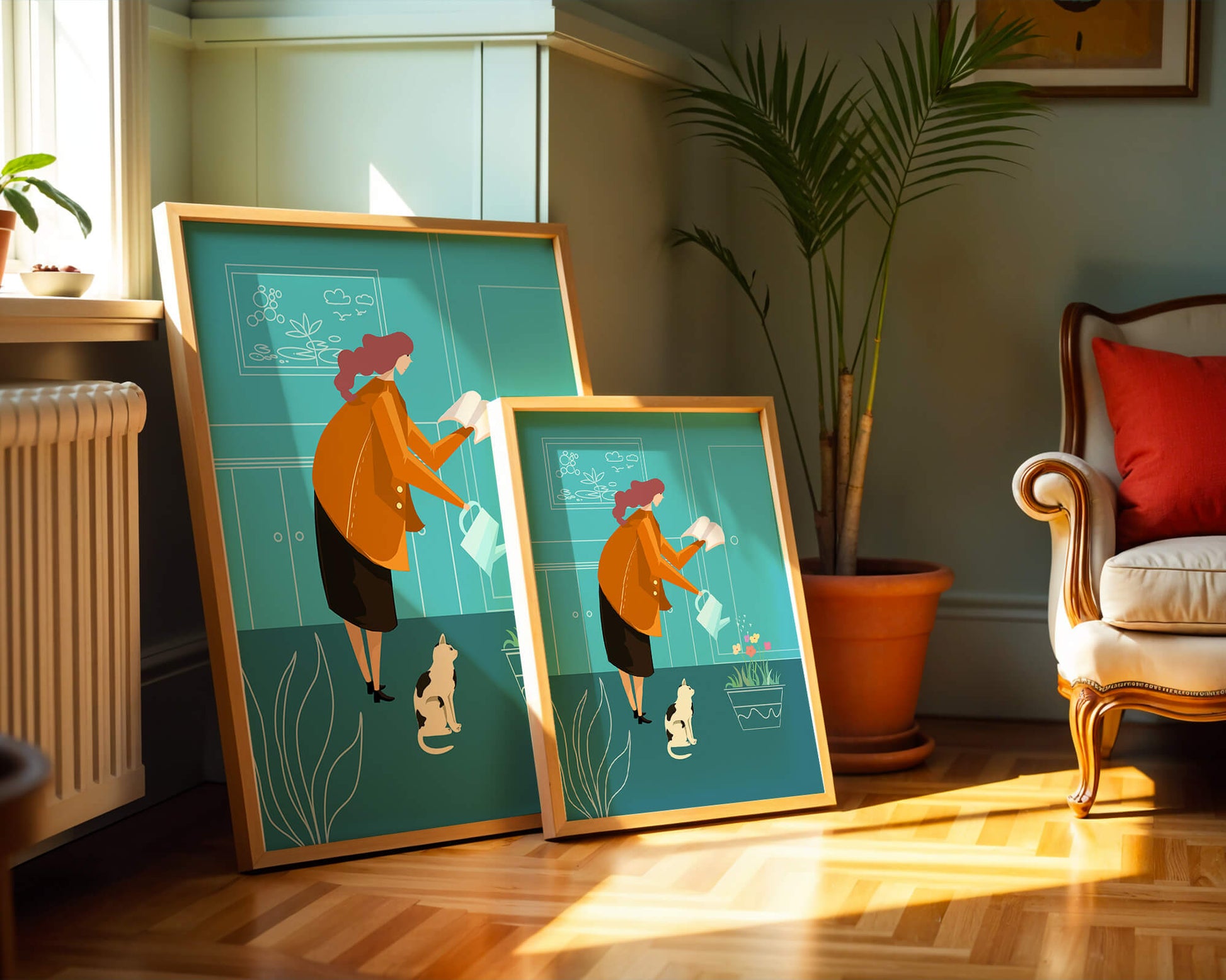 Mujer regando flores con un gato en un interior moderno