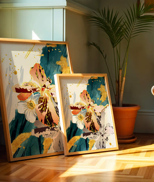 Obra de arte floral abstracta elegante con detalles dorados