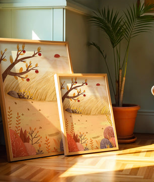 Autumn landscape illustration with apple tree and sunrise in a serene field
