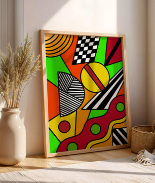 Vibrant geometric abstract artwork with bold colors and shapes