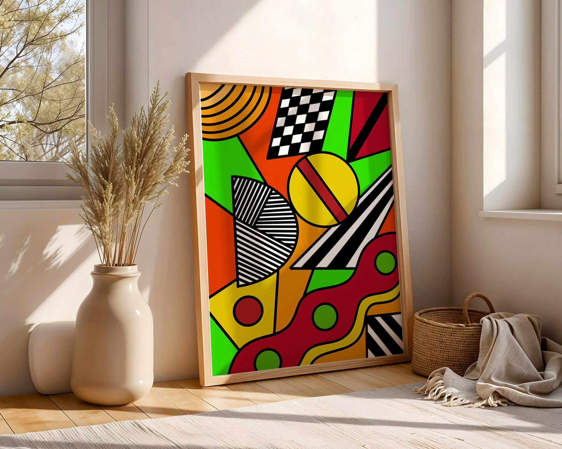 Vibrant geometric abstract artwork with bold colors and shapes