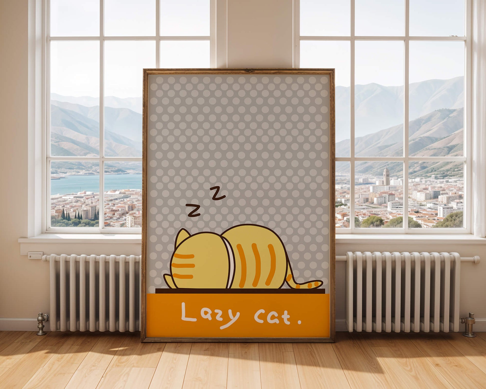 Sleeping cartoon cat with polka dot background