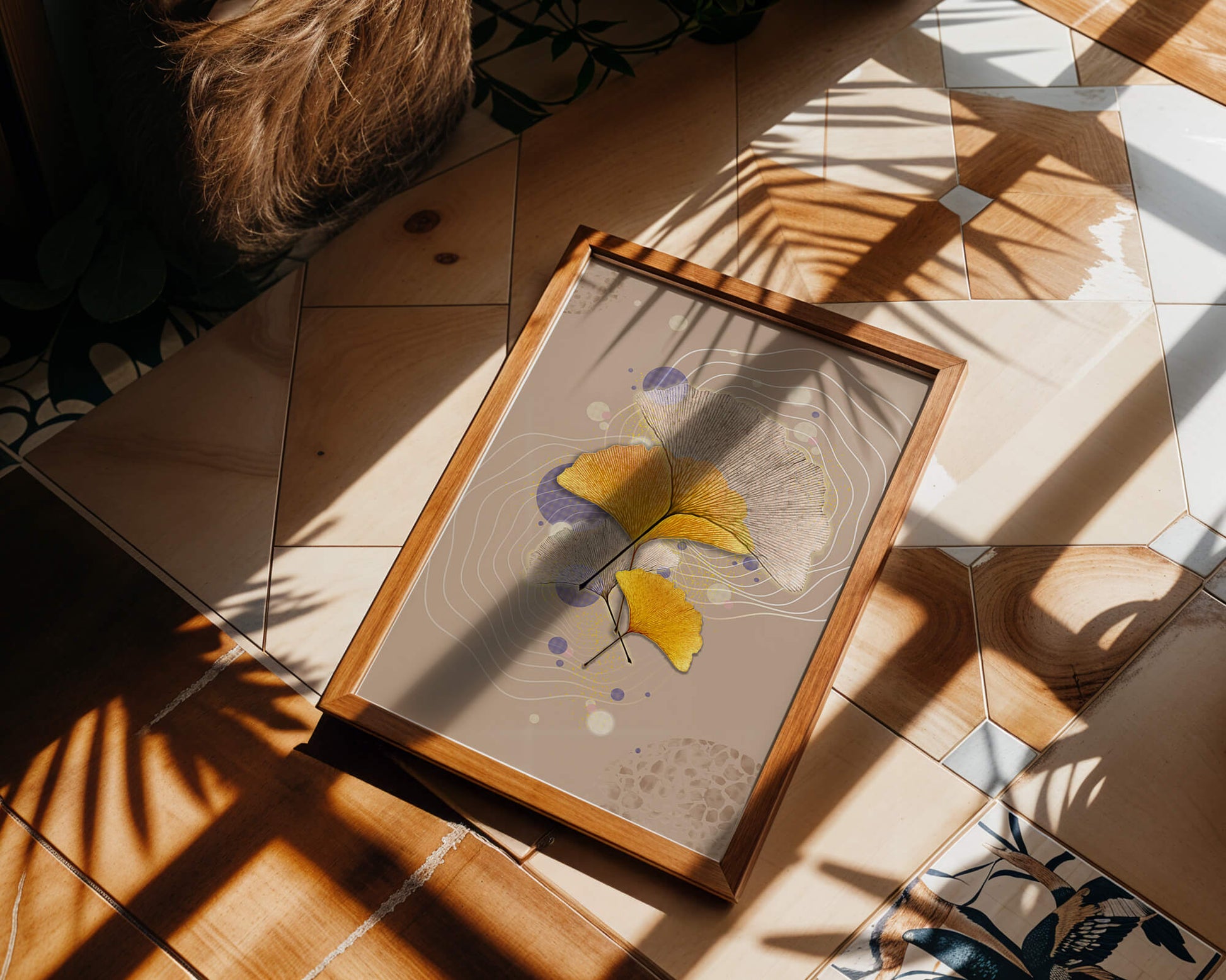 Elegant ginkgo leaves with abstract wavy and circular elements