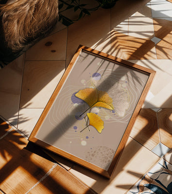 Elegant ginkgo leaves with abstract wavy and circular elements