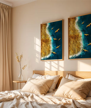 Golden beach landscape with vibrant ocean and flying seabirds
