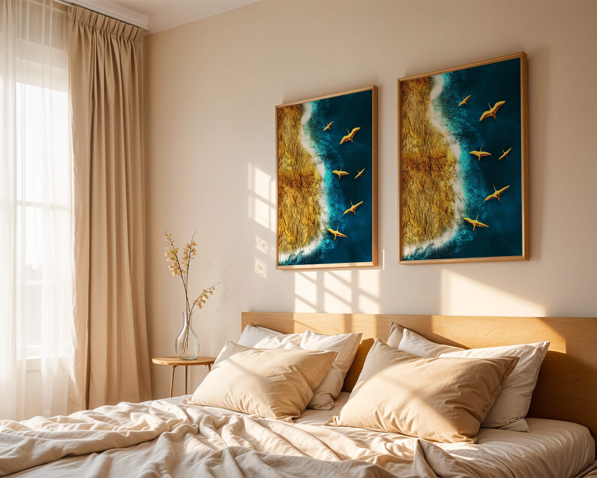 Golden beach landscape with vibrant ocean and flying seabirds