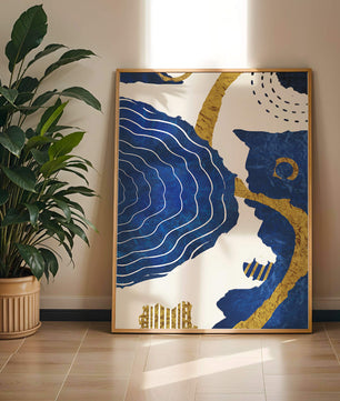 Abstract blue and gold textured artwork with wave patterns