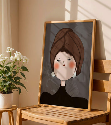 Elegant portrait of a woman with a unique headscarf and expressive features