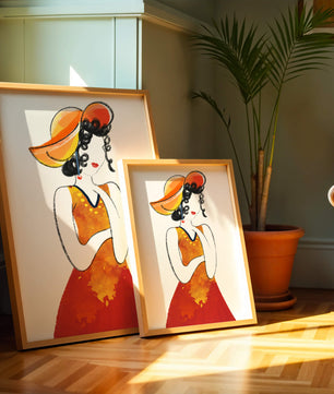 Elegante Frau in einem lebendigen Hut und Kleid Illustration