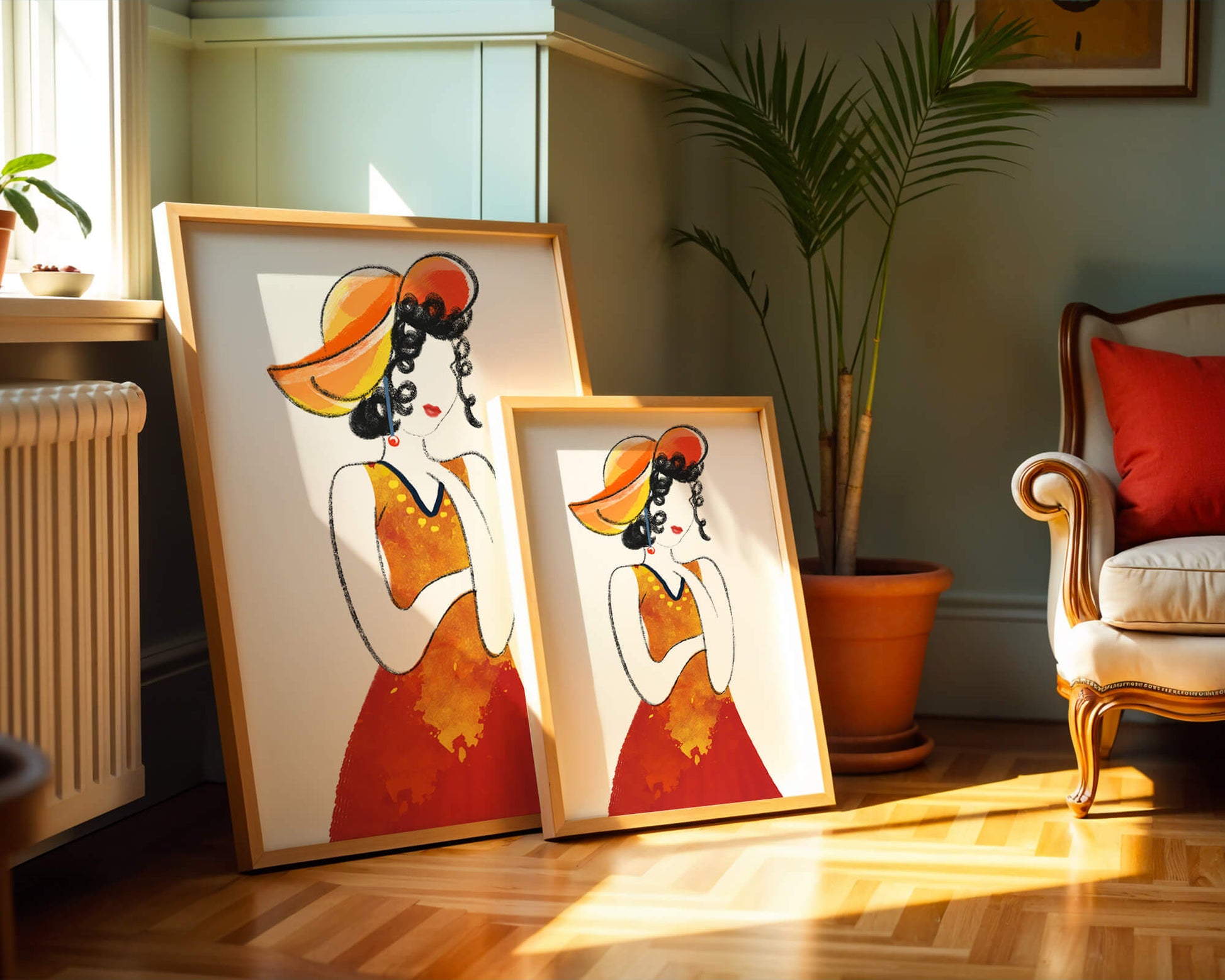 Elegant woman in a vibrant hat and dress illustration