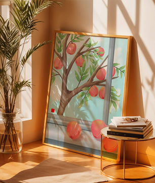 Peach tree outside a window with ripe peaches and sunny sky