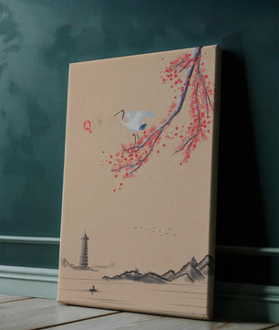 Paysage serein avec une grue et une branche de cerisier en style d’Asie de l’Est